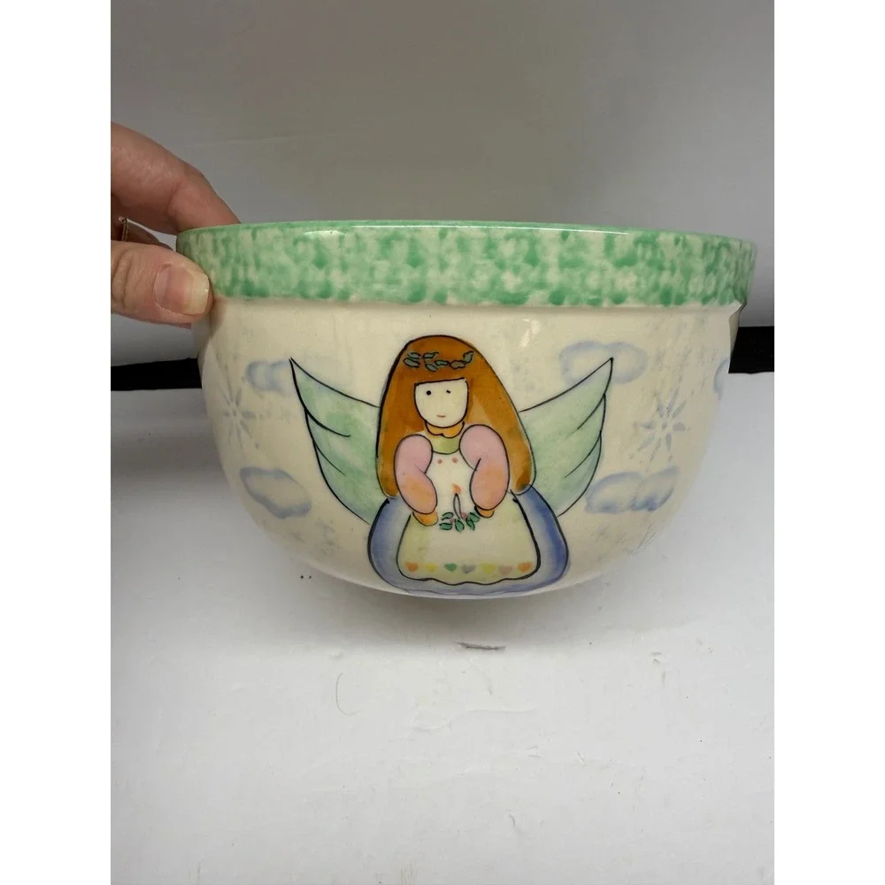 Vital Unit Ceramic Mixing Bowl Angel Hand Painted Green Rim 8.5 Inch Cream
